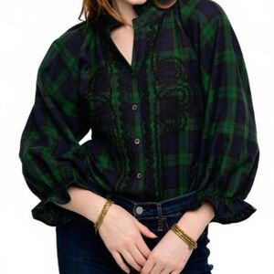 Sister Mary Green Plaid Trimmed Button Down Cotton Prairie Blouse Top Size Large